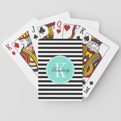 Black and White Stripes with Turquoise Monogram Poker Cards