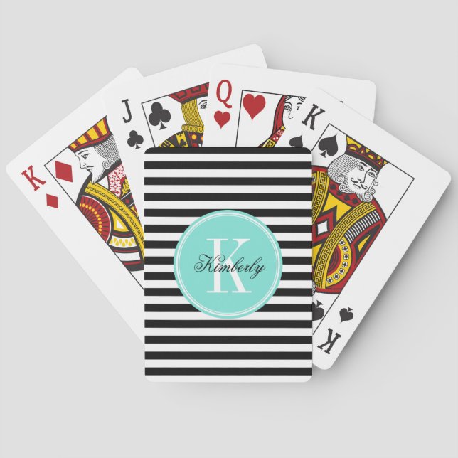 Black and White Stripes with Turquoise Monogram Poker Cards (Back)