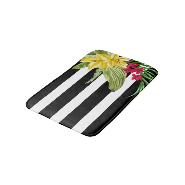 Black And White Stripes With Yellow Flowers Bathroom Mat (Angled)