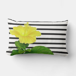Black and White Stripes with Yellow Hibiscus Lumbar Pillow