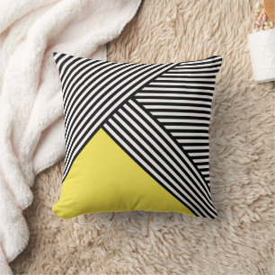 Black and white stripes with yellow triangle throw pillow