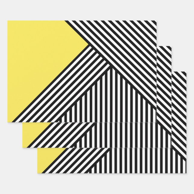 Black and white stripes with yellow triangle  wrapping paper sheets (Set)