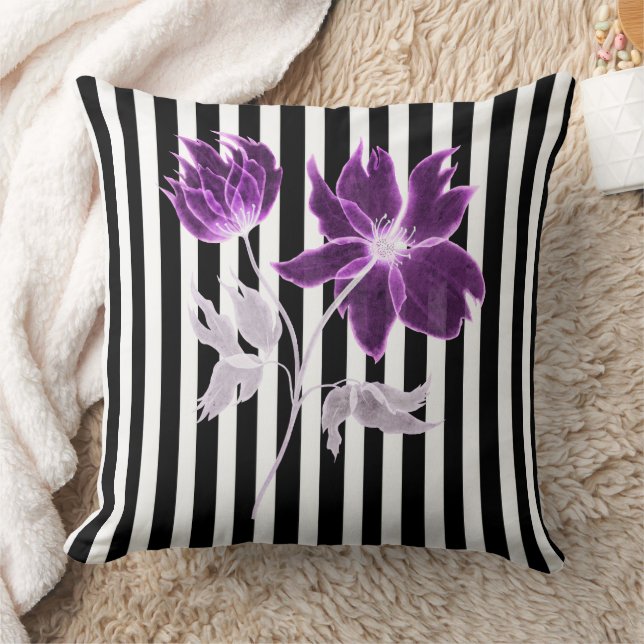 Black and White Stripes Xray Flower Watercolor Throw Pillow (Blanket)