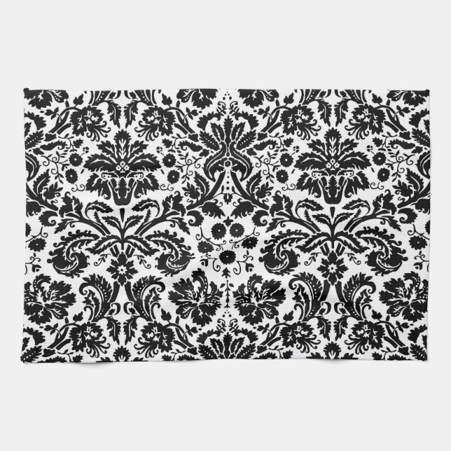 Black and white stylish damask pattern kitchen towel (Horizontal)