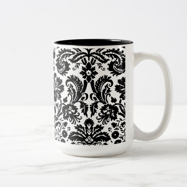 Black and white stylish damask pattern Two-Tone coffee mug (Right)