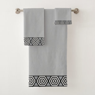 Black and White Stylish Geometric Frame on Gray Bath Towel Set