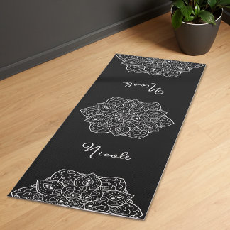 Black And White Stylish Mandala With Custom Name Yoga Mat