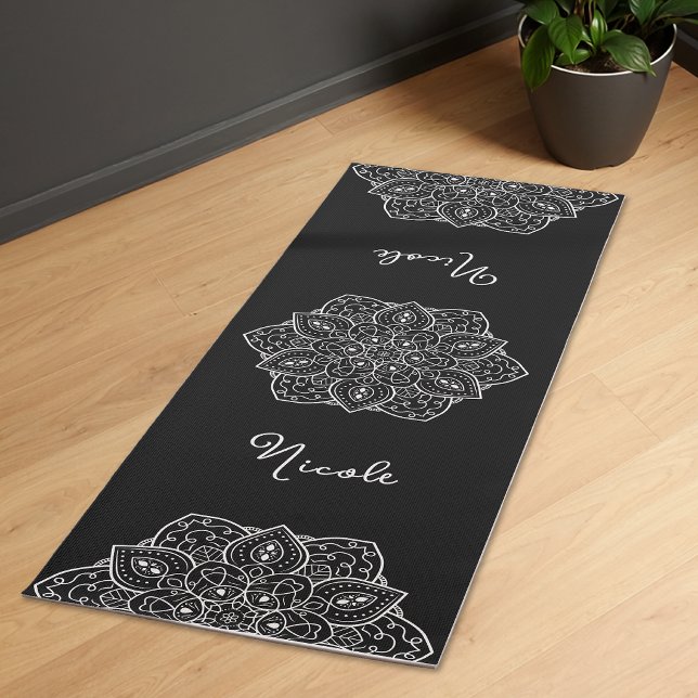 Black And White Stylish Mandala With Custom Name Yoga Mat (Creator Uploaded)
