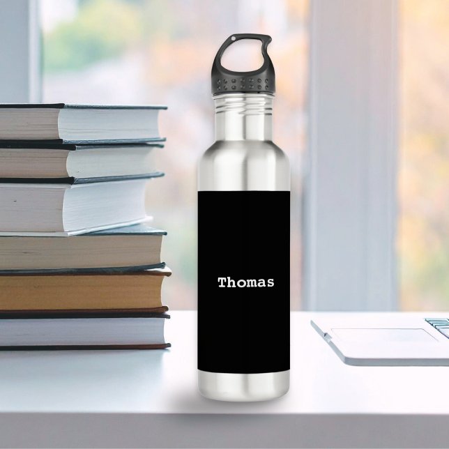 Black and White Stylish Minimalist Personalized Stainless Steel Water Bottle (A modern, sleek, metal water bottle, personalized with a name in white text on a black background)