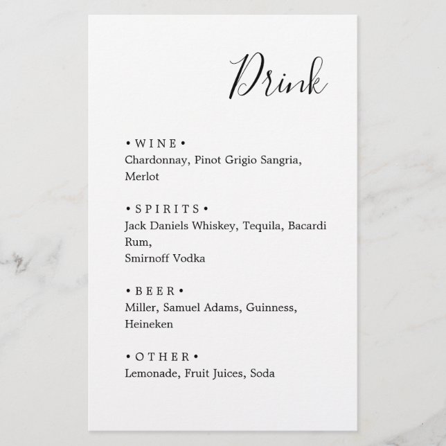 Black and white. Stylish Minimalist wedding menu (Front)