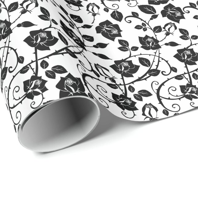 Black And White Stylized Roses Pattern Wrapping Paper (Roll Corner)