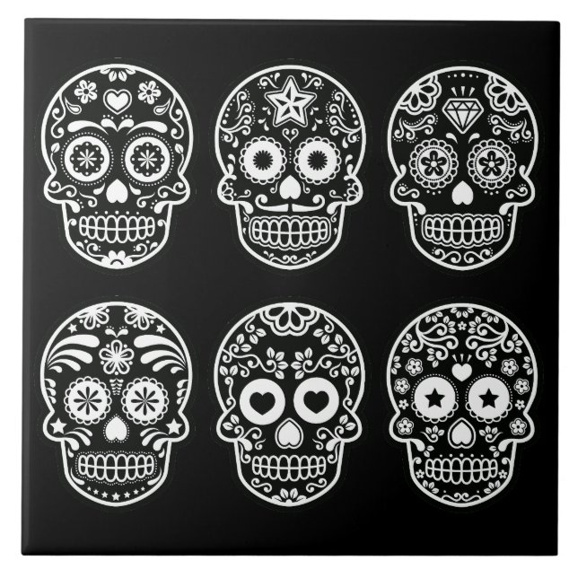 Black and White Sugar Skull Ceramic Tile (Front)