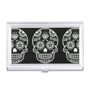 Black and White Sugar Skull Diamond Business Card Holder