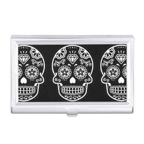 Black and White Sugar Skull Diamond Business Card Holder