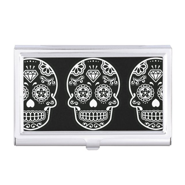 Black and White Sugar Skull Diamond Business Card Holder (Front)