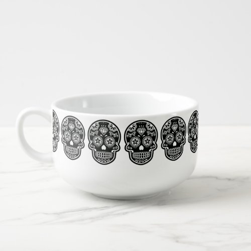 Black and White Sugar Skull Diamond Soup Mug