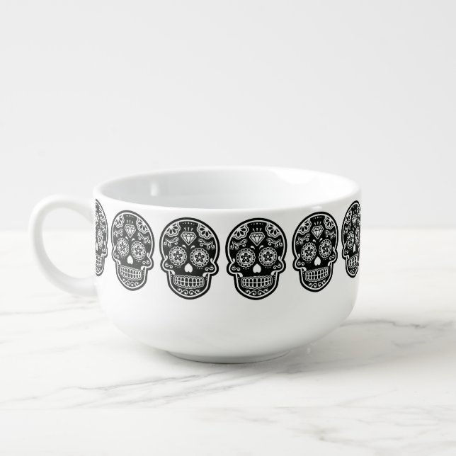 Black and White Sugar Skull Diamond Soup Mug (Right)