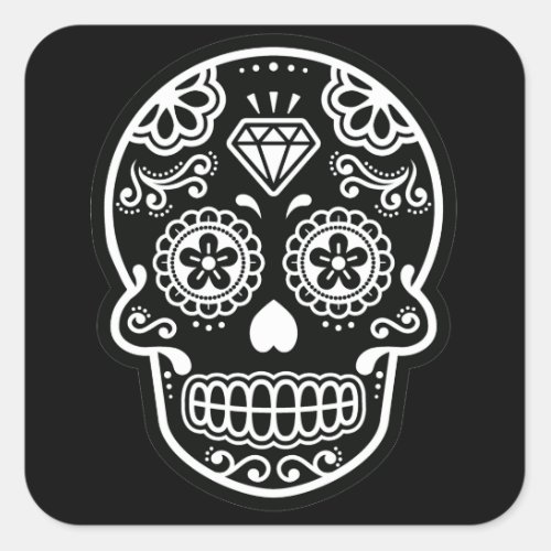 Black and White Sugar Skull Diamond Square Sticker