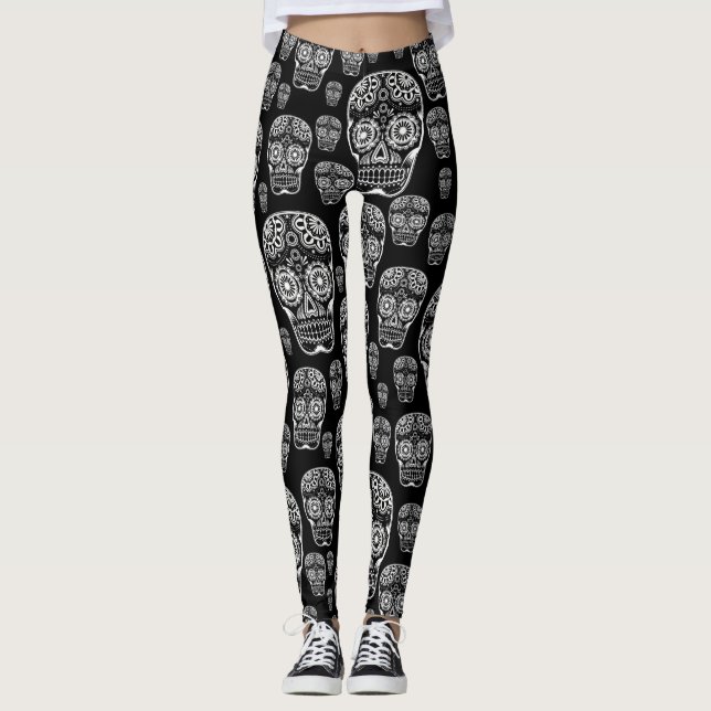 Black And White Sugar Skull Leggings (Front)