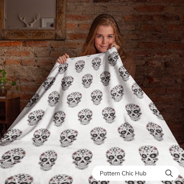Black and White Sugar Skull Mexican Fiesta Modern Fleece Blanket (Creator Uploaded)