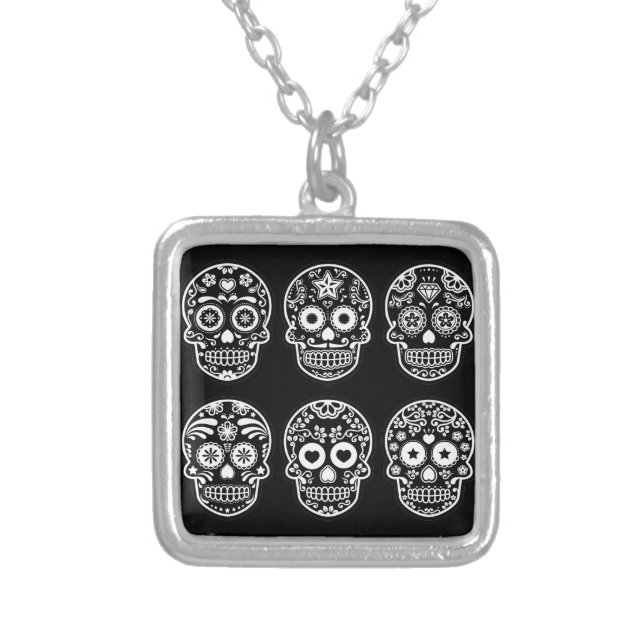 Black and White Sugar Skull Silver Plated Necklace (Front)