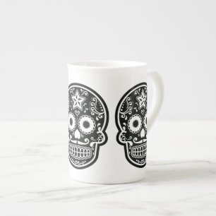 Black and White Sugar Skull Star Bone China Mug