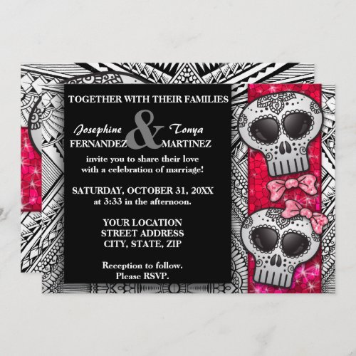 Black and White Sugar Skull Wedding Glitter Invitation