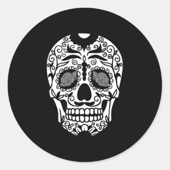 Black And White Sugar Skull With Rose Eyes Classic Round Sticker by TattooSugarSkulls at Zazzle