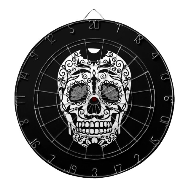 Black and White Sugar Skull With Rose Eyes Dartboard With Darts (Front)