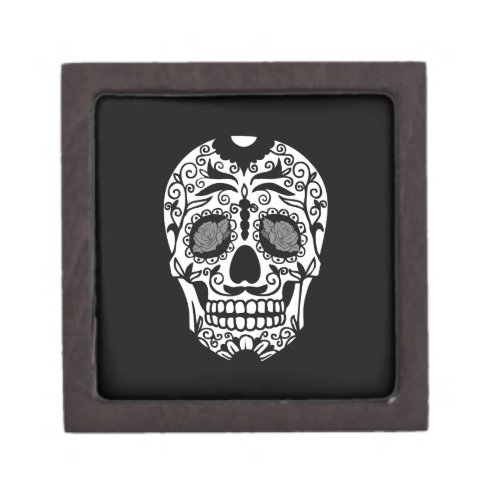 Black and White Sugar Skull With Rose Eyes Jewelry Box