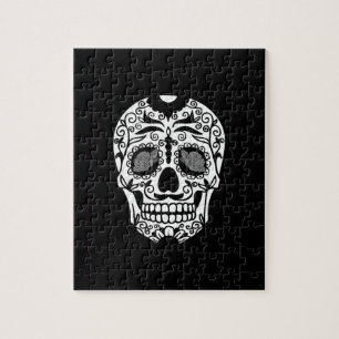 Black and White Sugar Skull With Rose Eyes Jigsaw Puzzle