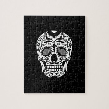 Black And White Sugar Skull With Rose Eyes Jigsaw Puzzle by TattooSugarSkulls at Zazzle