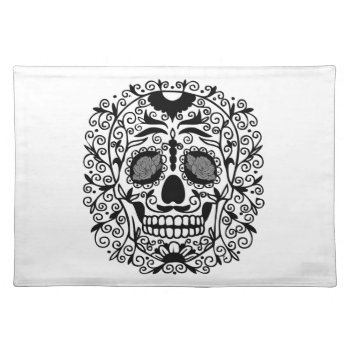Black And White Sugar Skull With Rose Eyes Placemat by TattooSugarSkulls at Zazzle