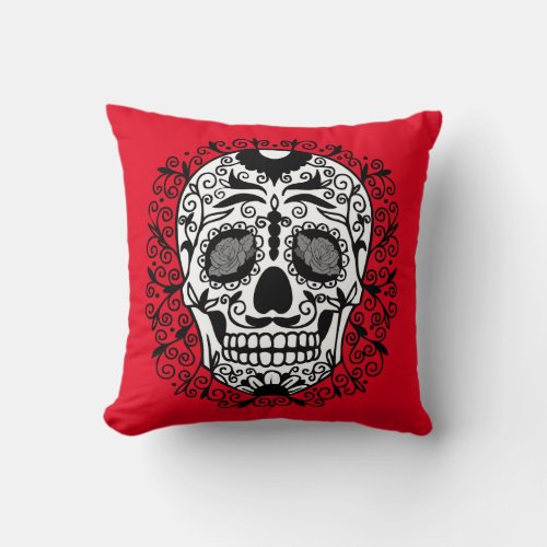 Black and White Sugar Skull With Rose Eyes Throw Pillow