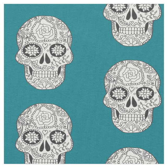 Black and white Sugar Skulls on teal fabric (Close Up)