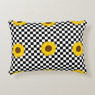 Black and White Sunflower Checkered Flower Pattern Accent Pillow