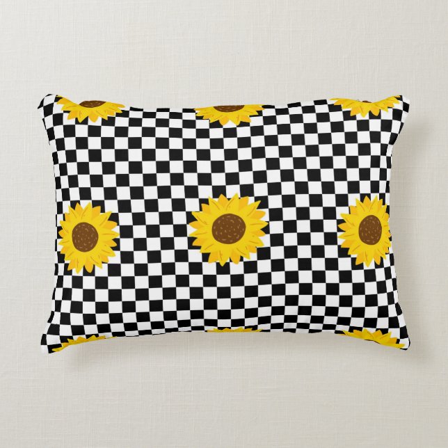 Black and White Sunflower Checkered Flower Pattern Accent Pillow (Front)
