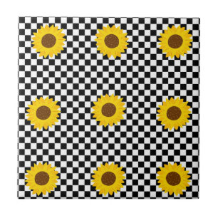 Black and White Sunflower Checkered Flower Pattern Ceramic Tile