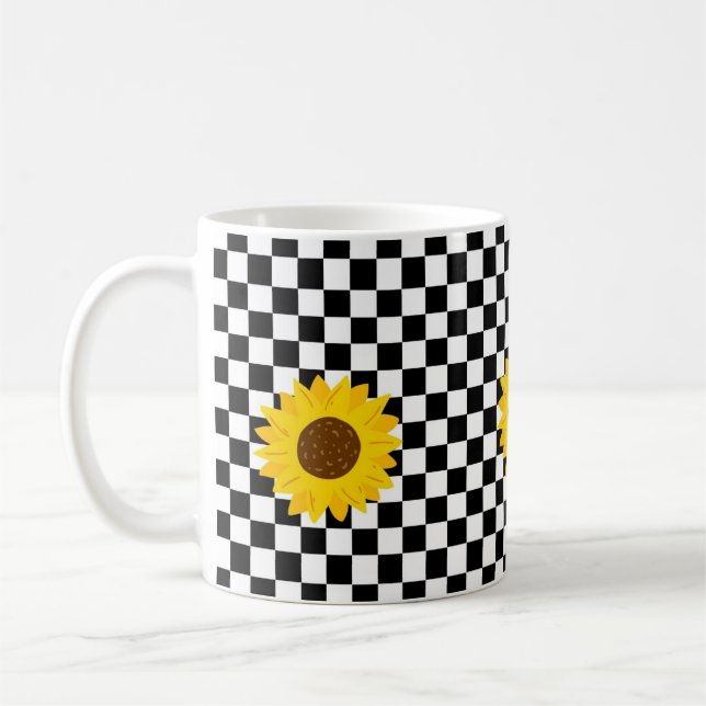 Black and White Sunflower Checkered Flower Pattern Coffee Mug (Left)