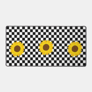 Black and White Sunflower Checkered Flower Pattern Desk Mat