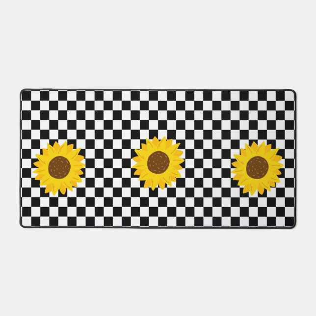 Black and White Sunflower Checkered Flower Pattern Desk Mat (Front)