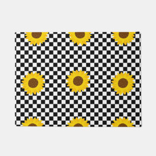 Black and White Sunflower Checkered Flower Pattern Doormat