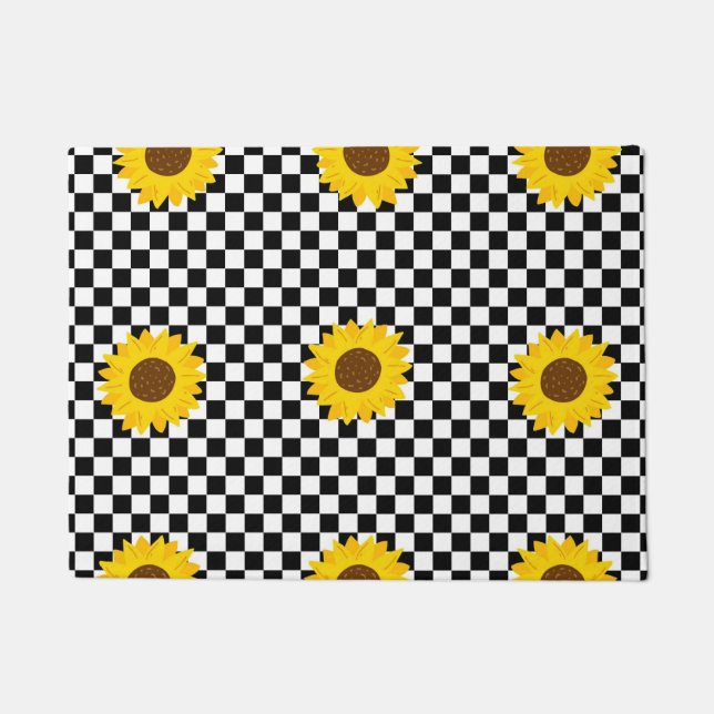 Black and White Sunflower Checkered Flower Pattern Doormat (Front)