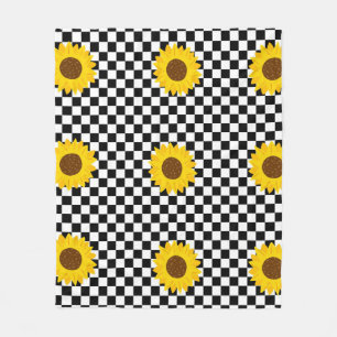 Black and White Sunflower Checkered Flower Pattern Fleece Blanket