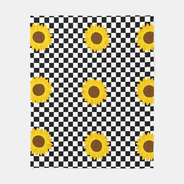 Black and White Sunflower Checkered Flower Pattern Fleece Blanket (Front)