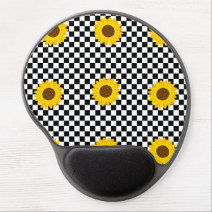 Black and White Sunflower Checkered Flower Pattern Gel Mouse Pad