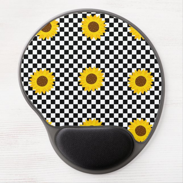 Black and White Sunflower Checkered Flower Pattern Gel Mouse Pad (Front)