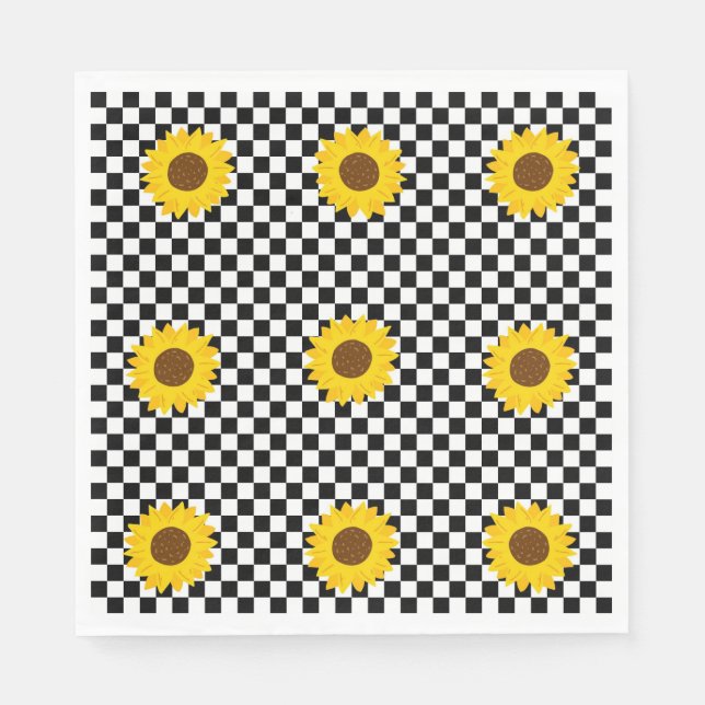Black and White Sunflower Checkered Flower Pattern Napkins (Front)