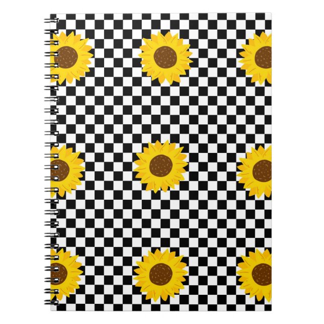 Black and White Sunflower Checkered Flower Pattern Notebook (Front)
