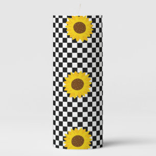 Black and White Sunflower Checkered Flower Pattern Pillar Candle